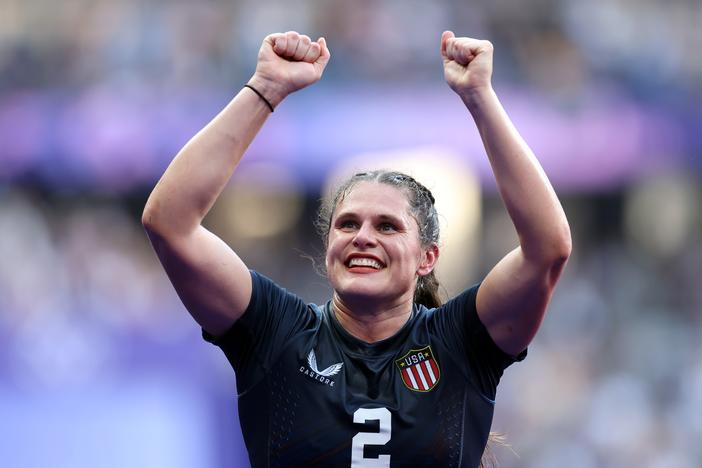 Ilona Maher celebrates the U.S. women's rugby sevens win over Australia for the bronze medal in Paris on Tuesday.<br>