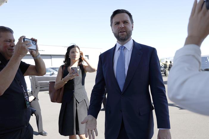 Republican vice presidential nominee U.S. Sen. JD Vance (R-OH) speaks with reporters after walking off “Trump Force 2” at Reno-Tahoe International Airport on July 30, 2024 in Reno, Nevada. Vance is the subject of a joke that went viral on social media last week, highlighting the challenges of sorting fact from fiction in a contentious presidential election.