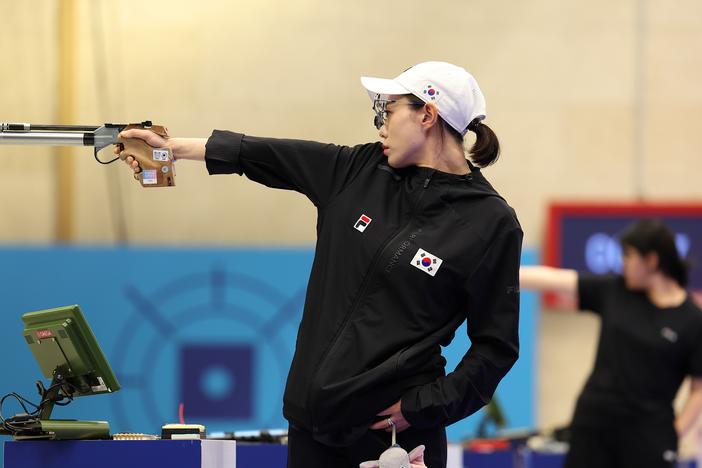 Kim Yeji of Team Republic of Korea shoots during the Women’s 10m Air Pistol Final at the 2024 Paris Olympic Games, Chateauroux, France. <br>