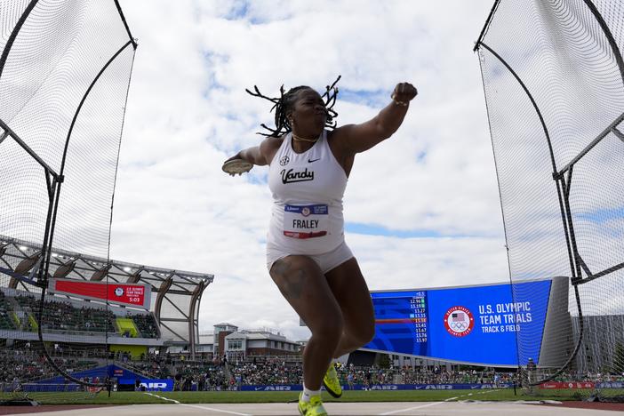 Veronica Fraley competes in the women's discus throw final during the U.S. Track and Field Olympic Team Trials in June in Eugene, Ore.