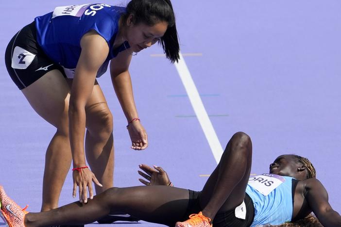Laotian sprinter Silina Pha Aphay was the first to approach South Sudanese athlete Lucia Moris after Moris fell at the Paris Olympics on Friday. 