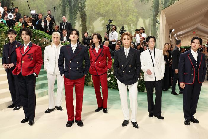 Members of the K-pop group Stray Kids attend the 2024 Met Gala in New York City. The group's latest album, <em>ATE</em>, topped the <em>Billboard </em>200 album chart in its opening week.