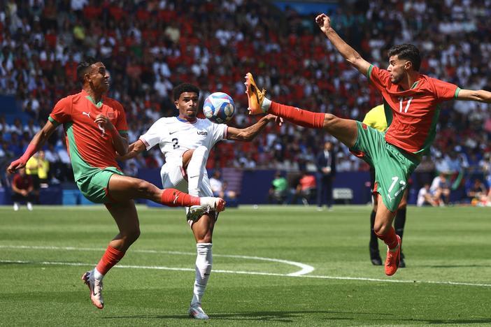 Nathan Harriel (#2) of Team United States battles for the ball during the Paris Olympic quarterfinal match against Morocco on Friday at Parc des Princes stadium.