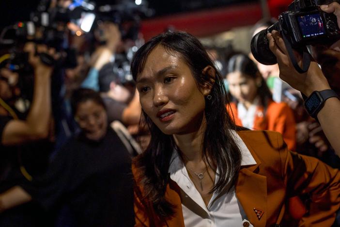 Chonthicha Jangrew, a politician with Thailand's Move Forward Party, leaves the Thai parliament in Bangkok on July 13, 2023, after party leader Pita Limjaroenrat failed to secure the enough votes for the premiership.