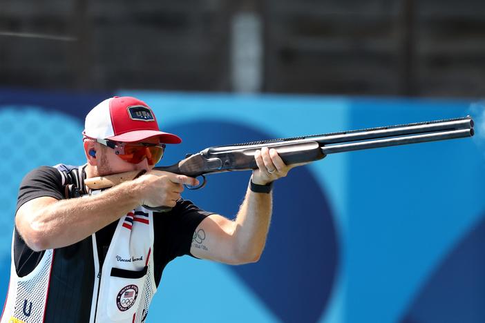 American Vincent Hancock competes in the Shooting Skeet Men's Final Saturday at Chateauroux Shooting Center in Chateauroux, France.