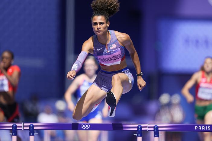 Sydney McLaughlin-Levrone of the U.S. competes in a women's 400-meter hurdles heat at the Paris Olympics on Sunday in Saint-Denis, France.
