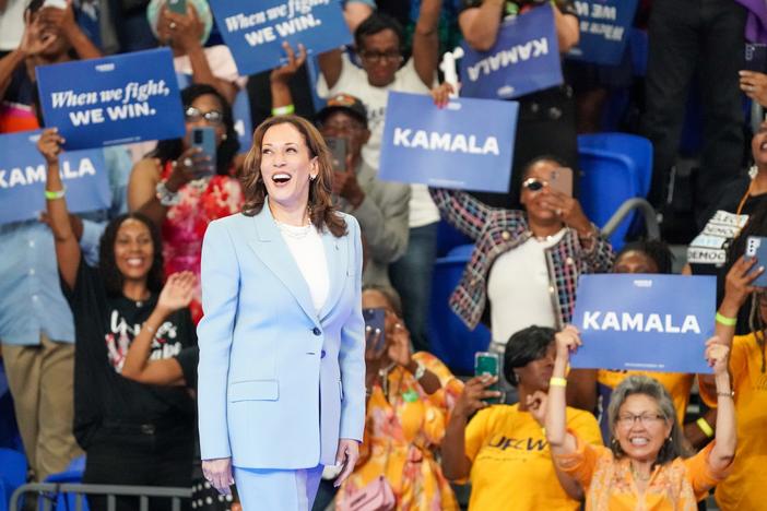 Democratic presidential candidate, Vice President Kamala Harris arrives at her campaign rally at the Georgia State Convocation Center on July 30 in Atlanta. 