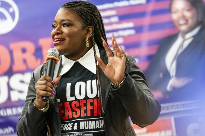 U.S. Rep. Cori Bush, D-Mo., speaks during a campaign event on Saturday, Jan. 27, 2024, in Northwoods, Mo.. Voting in the Democratic House primary race closes Tuesday.