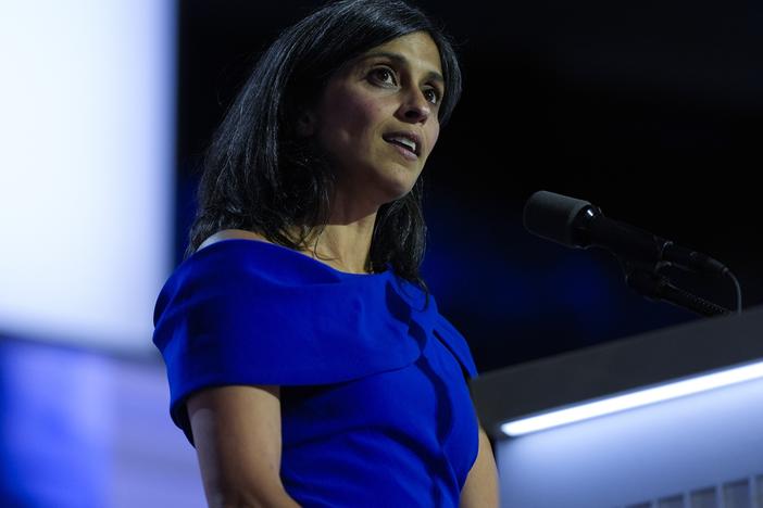 Usha Vance, wife of vice presidential nominee JD Vance, speaks during the Republican National Convention on July 17 in Milwaukee.