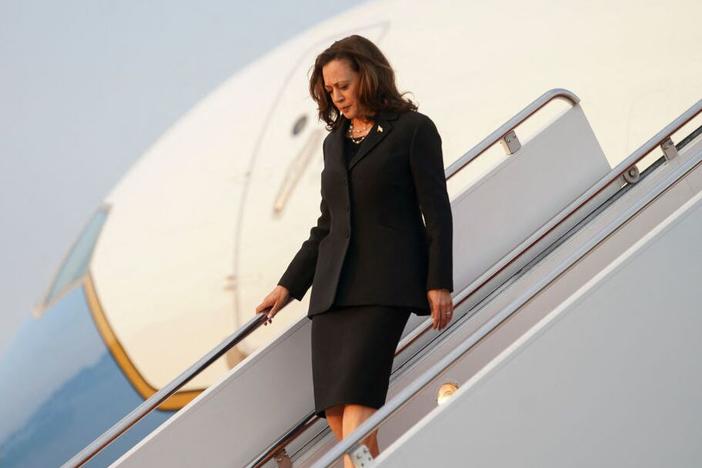 Vice President Harris steps off Air Force 2 upon arrival at Joint Base Andrews in Maryland on Aug. 1.