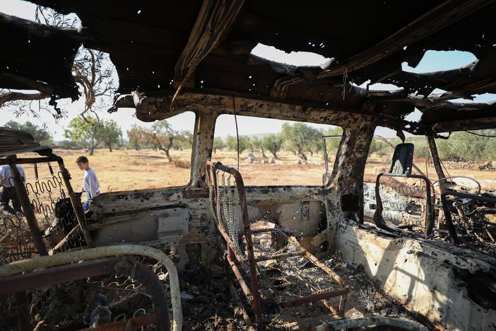 A photo taken on Oct. 27, 2019, shows the inside of the van that Syrian Barakat Ahmad Barakat says he was in when it was targeted by U.S. forces the night of the raid on an ISIS compound, in northwestern Syria.