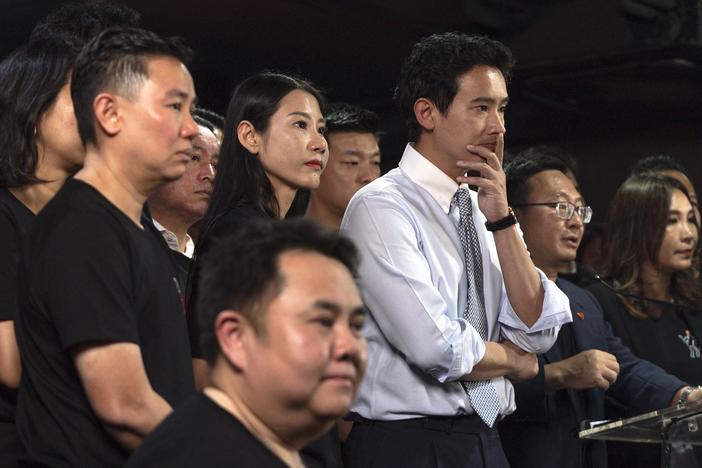 Former Thai prime ministerial candidate and ex-Move Forward Party leader Pita Limjaroenrat takes part in a a press conference at the party headquarters in Bangkok on Wednesday.