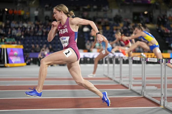 Chari Hawkins competes during the World Athletics Indoor Championships in Glasgow, Scotland, in March 2024. She's representing Team USA in the heptathlon this week in the Paris Olympics.