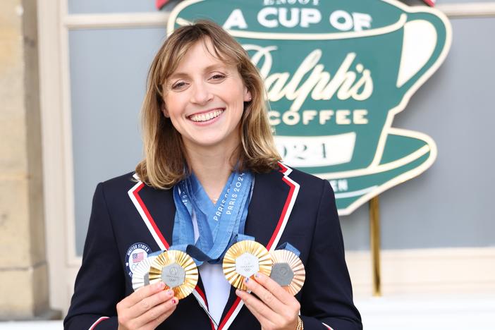 Katie Ledecky and Nick Mead were selected as flagbearers for Team USA to close out the Paris Game. Ledecky is seen here visiting USA House at the Paris 2024 Olympics. 