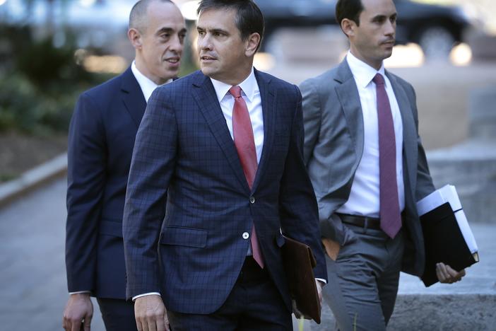 Attorneys for former President Donald Trump Todd Blanche (C) and Emil Bove (L) arrive at the court house in 2023 in Washington, D.C.