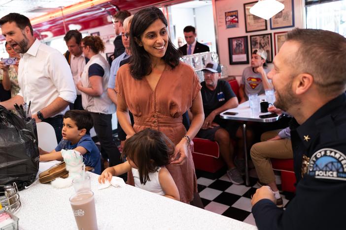 Usha Vance, wife of Republican vice presidential nominee JD Vance, speaks with diners at the Park Diner in St. Cloud, Minn., on July 28. 