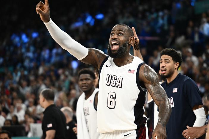 USA's LeBron James reacts during the men's semifinal basketball game against Serbia during the Paris 2024 Olympic Games at Bercy Arena on Thursday. The U.S. trailed Serbia most of the game but won 95-91.