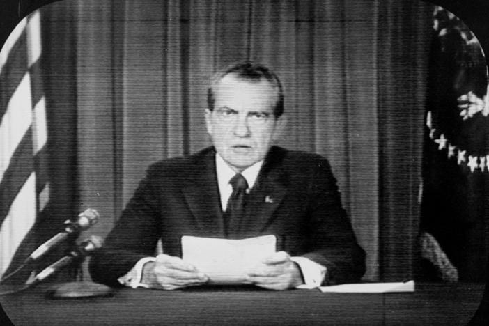 TV image of President Richard Nixon announcing his decision to resign. 