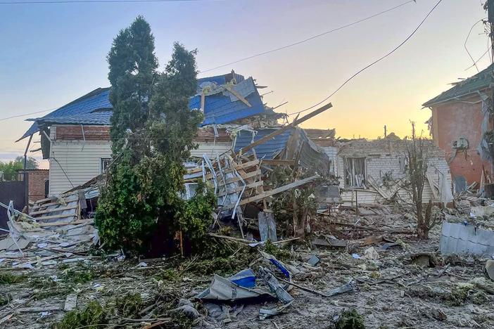 A damaged home in the town of Sudzha, about 6 miles inside Russia, where Ukraine is waging an offensive on the Russia side of the border. The photo was released by the acting governor of the Kursk region, Alexei Smirnov, on his Telegram channel. The surprise Russian attack began Tuesday and ongoing fighting was reported for a fourth day Friday. 