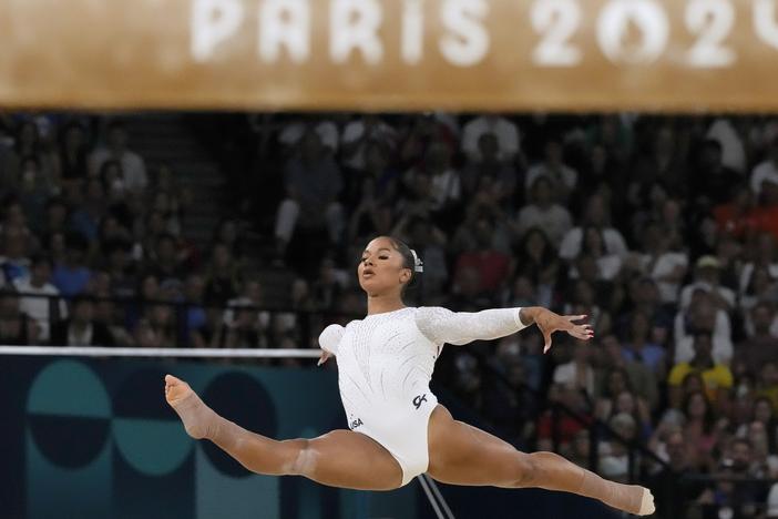 Jordan Chiles, of the United States, competes during the women's artistic gymnastics individual floor finals Monday at Bercy Arena at the 2024 Summer Olympics. Chiles won bronze after a last-minute inquiry found the judges had underscored her by a tenth of a point. On Saturday, an appeals court vacated the inquiry, saying it had come four seconds too late.