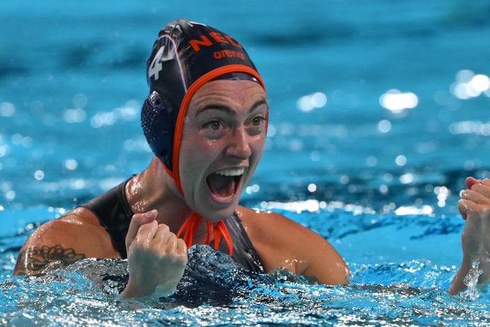 Sabrina Van Der Sloot of the Netherlands celebrates scoring a goal in the women's water polo bronze medal match between USA and the Netherlands during the Paris 2024 Olympic Games. Netherlands defeated the three-time defending gold medalists 11-10 on Saturday.