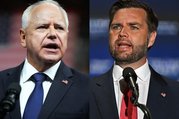 Left: Democratic vice presidential candidate Minnesota Gov. Tim Walz speaks during a campaign rally on August 6 in Philadelphia. Right: Republican Vice Presidential Candidate Sen. JD Vance, R-Ohio, delivers remarks during a campaign rally on August 6 in Philadelphia.