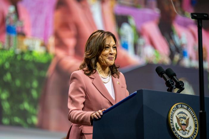 Vice President Harris speaks to members of the Alpha Kappa Alpha Sorority at the Kay Bailey Hutchison Convention Center on July 10 in Dallas.