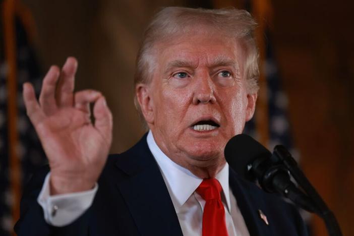 Former President Donald Trump, the Republican presidential nominee, speaks during a news conference at his Mar-a-Lago estate in Florida on Aug. 8.