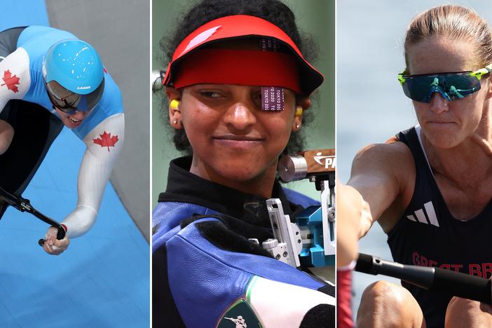 Left to Right: Canadian track cyclist Kelsey Mitchell, IOC Refugee Team sport shooter Luna Solomon and British rower Helen Glover all competed in the 2024 Paris Olympics. They did not discover their sport until their 20s. 