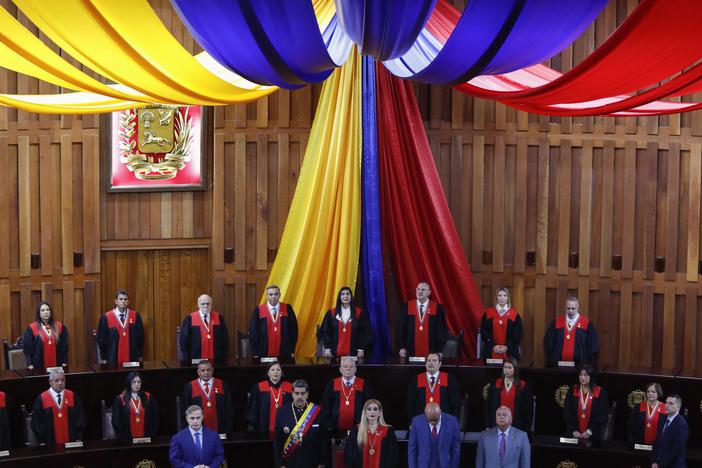 Front row, from left: Venezuela's attorney general, Tarek William Saab; President Nicolás Maduro; Supreme Court President Caryslia Rodríguez; National Assembly President Jorge Rodríguez; and the president of the National Electoral Council, Elvis Amoroso. They are attending a ceremony in the Supreme Court building in Caracas on Jan. 31.