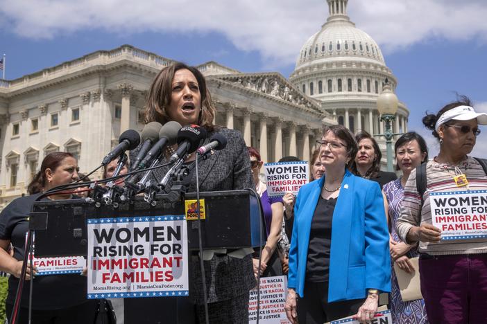 Sen. Kamala Harris, D-Calif., joins an women's advocacy group, MomsRising, to protest against threats by President Donald Trump against Central American asylum-seekers to separate children from their parents along the southwest border to deter migrants from crossing into the United States, at the Capitol in Washington, Wednesday, May 23, 2018. (AP Photo/J. Scott Applewhite)