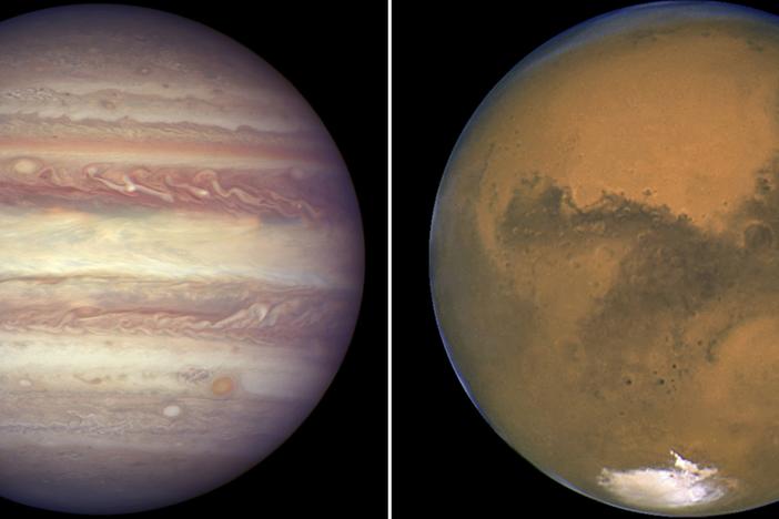 This combination image, created from two photos provided by NASA, shows Jupiter in 2017 (left) and Mars in 2003. From Earth, the two planets will appear to be almost touching later this week.