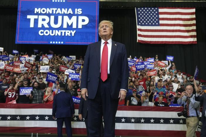 Former President Donald Trump arrives for a campaign rally in Bozeman, Mont., on Friday, Aug. 9.