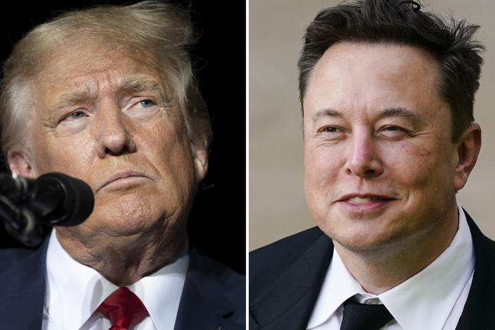 This combination of photos shows former President Donald Trump during rally in Minden, Nev., Oct. 8, 2022, left, and Elon Musk in Wilmington, Del., July 12, 2021.