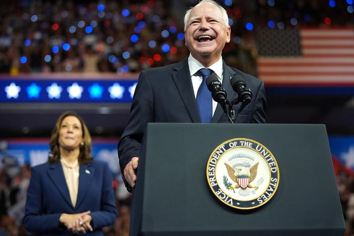 Democratic vice presidential candidate Minnesota Gov. Tim Walz speaks during a campaign rally with Democratic presidential candidate, U.S. Vice President Kamala Harris, at the Liacouras Center at Temple University on Aug. 6, 2024 in Philadelphia.