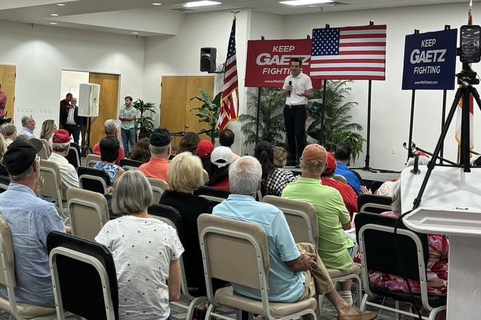  Rep. Matt Gaetz, R-Fla., addresses a crowd in Niceville, Fla. 