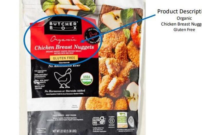 The USDA is asking consumers to throw away any potentially contaminated products, including the organic gluten-free chicken breast nuggets seen here. The affected products have a "best if used by" date of March 23, 2025. 