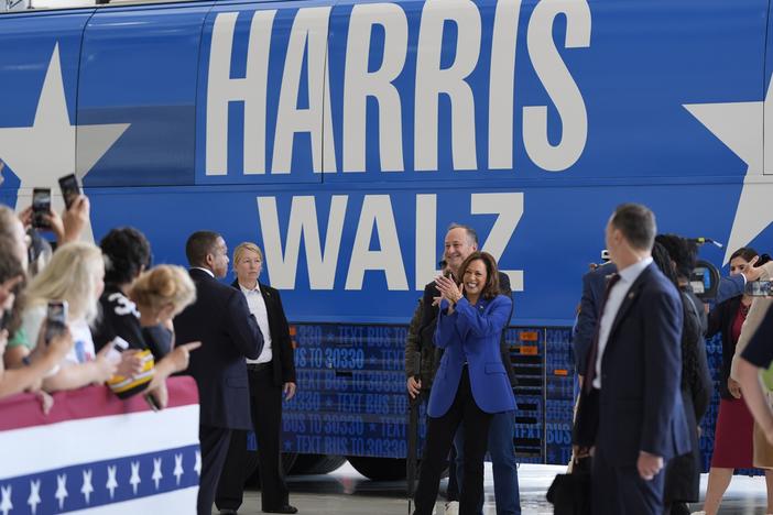 Democratic presidential nominee Vice President Kamala Harris and her husband, Doug Emhoff, greet supporters at Pittsburgh International Airport in Pittsburgh on Sunday. 