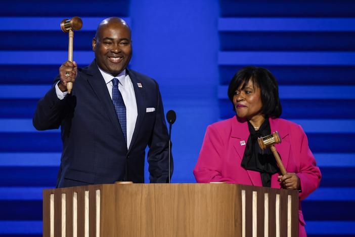 Jaime R. Harrison, Chairman of the Democratic National Committee, and Minyon Moore, Chair of the 2024 Democratic National Convention Committee, officially open the first day of the Democratic National Convention in Chicago, Illinois.