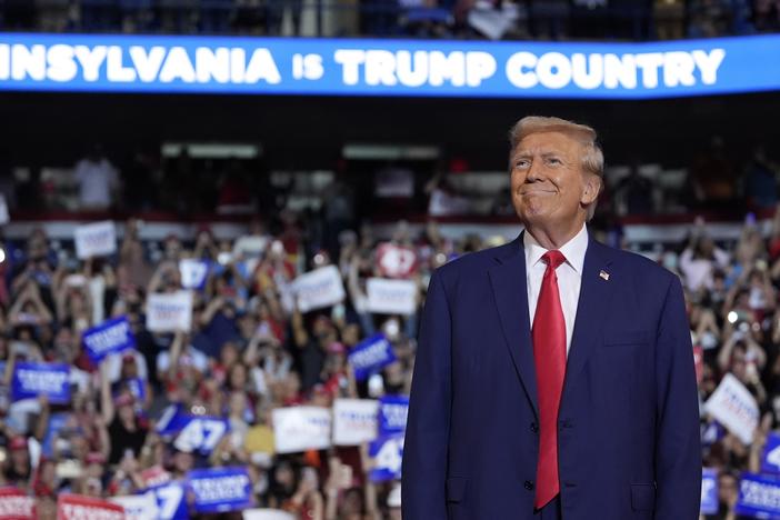Republican presidential nominee former President Donald Trump arrives to speak at a campaign rally Saturday, Aug. 17 in Wilkes-Barre, Pa. Trump and his campaign have planned a week of events, including stops in Pennsylvania, to counter the Democratic National Convention this week in Chicago. 