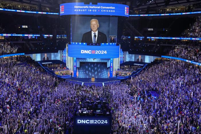 President Biden speaks during the Democratic National Convention on Monday in Chicago's United Center Stadium. 