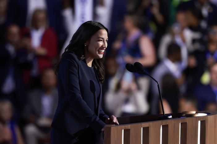 Rep. Alexandria Ocasio-Cortez (D-NY) speaks onstage during the first day of the Democratic National Convention at the United Center on August 19, 2024 in Chicago, Illinois. 