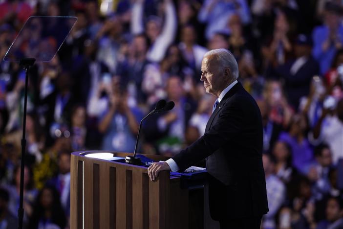 President Joe Biden speaks onstage during the first day of the Democratic National Convention at the United Center on August 19, 2024 in Chicago.