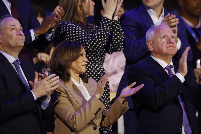 Second Gentleman Doug Emhoff, Vice President Kamala Harris and Minnesota Gov. Tim Walz watch the night unfold.