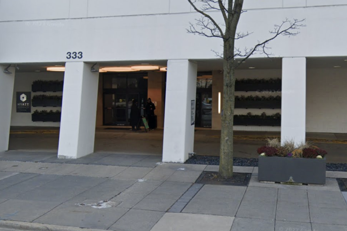 Video footage shows that D'Vontaye Mitchell, 43, was held on the ground by multiple security guards near the entrance of the Hyatt Regency Hotel in downtown Milwaukee; he was declared dead soon afterward. The area where police say the struggle took place in June is seen here in a Google Maps image from 2022.