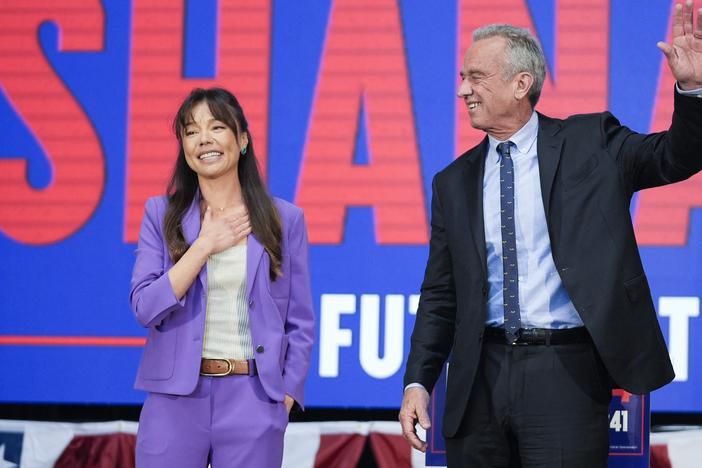 Nicole Shanahan appears on stage after presidential candidate Robert F. Kennedy Jr. announces her as his running mate during a campaign event on March 26.