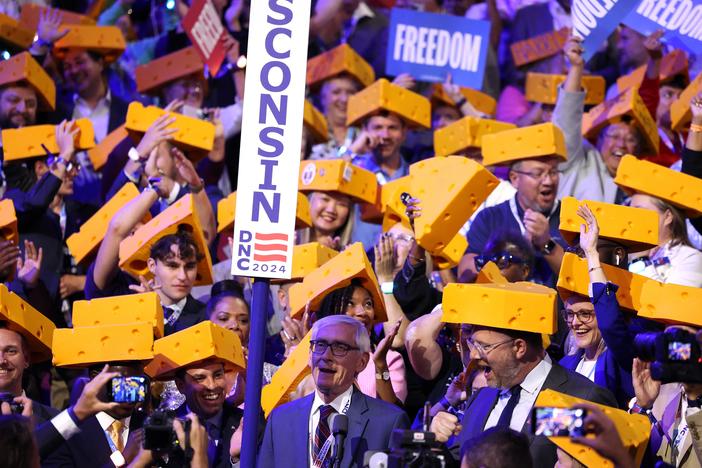 Wisconsin delegates cast their vote during the ceremonial roll call vote on the second day of the Democratic National Convention in Chicago, Illinois, on August 20, 2024.
