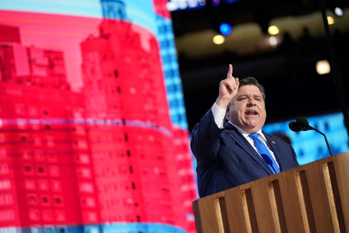 Illinois Gov. J.B. Pritzker speaks on stage during the second day of the Democratic National Convention in Chicago, Illinois.
