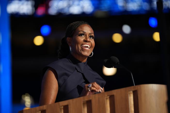 Former first lady Michelle Obama speaks on stage during the second day of the Democratic National Convention in Chicago, Illinois.