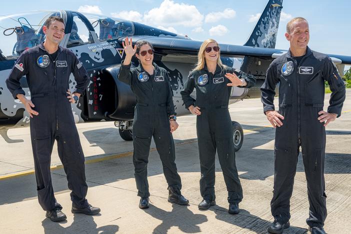 Four astronauts from the Polaris Dawn mission — from left, Jared Isaacman (mission commander), Sarah Gillis (mission specialist), Anna Menon (mission specialist/medical officer) and  Scott “Kidd” Poteet (pilot), say they've gone through some 2,000 hours of simulator training to prepare for an ambitious visit to space.